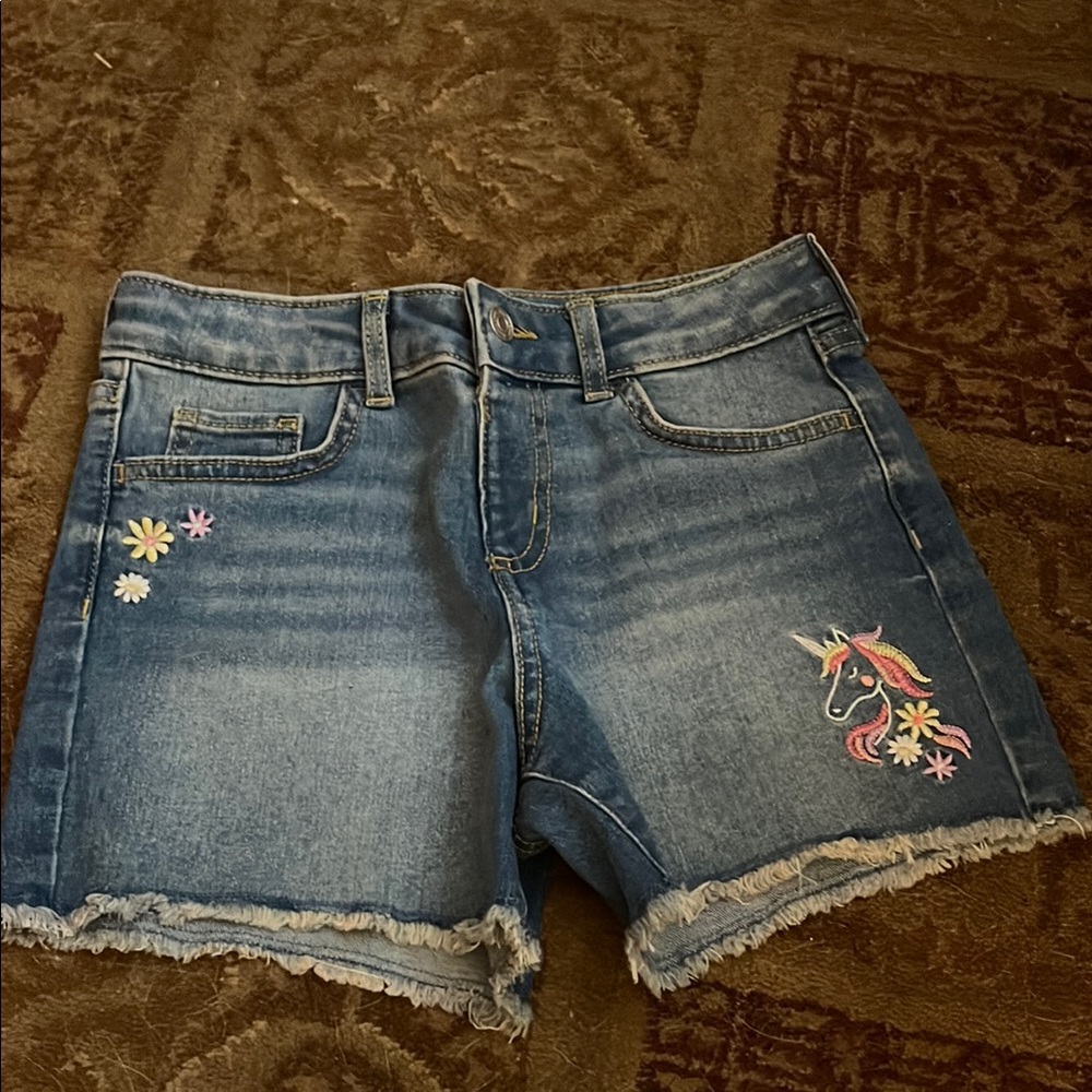 Girls Embroidered Denim Shorts with Unicorn Design